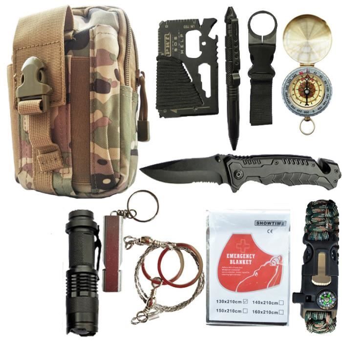 ILF® Kit de Survie d'Urgence 11 en 1 Multi-Outils Couteau de Survie Lampe de Poche Boussole Paracorde pour Randonnée - Camouflage