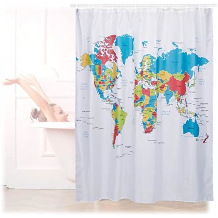 rideau de douche 180 x 180 cm salle de bain motifs carte du monde anti-moisissures, coloré