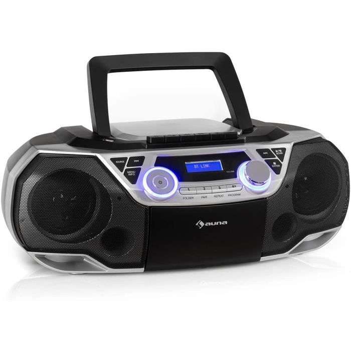 AUNA Roadie 2K - Boombox Compact, Lecteur CD, Radio et Cassette, Secteur ou sur Piles, Port USB, Streaming sans Fil par Bluetooth 5.