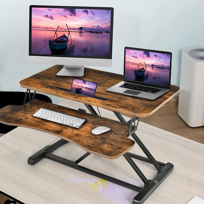 GOPLUS Poste de Travail Assis-Debout Hauteur Réglable,Tables de2Couches au Bureau,Support Amovible pour Ordinateur et Clavier,Marron