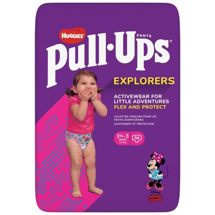 LOT DE 2 - HUGGIES Pull-Ups Explorers Couches bébé Fille 1 - 3 ans : 12 - 17kg - Paquet de 34 couches