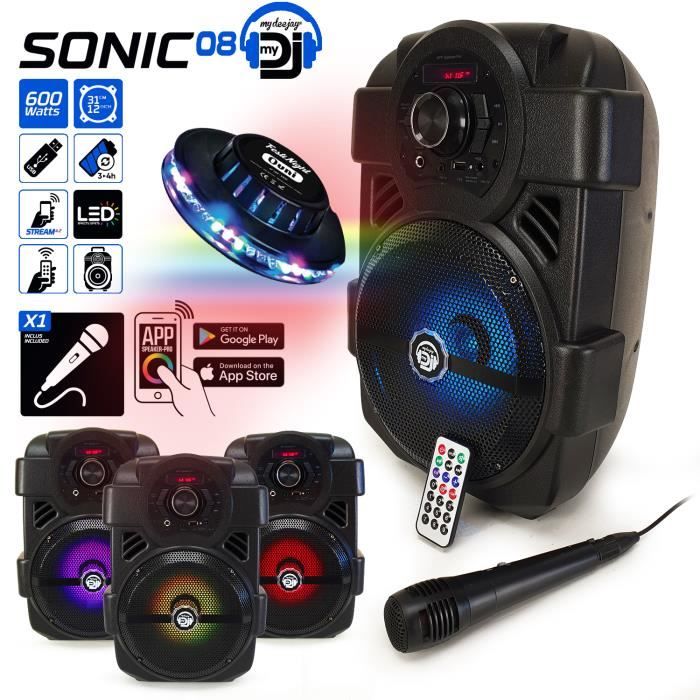 Enceinte Karaoké PARTY 400W Batterie MyDj SONIC08 à LED + APPLICATION SMARTPHONE - USB/Bluetooth/RADIO FM Micro + Lumière