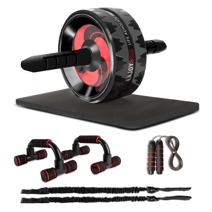 Roue Abdominale, 7 en 1 Fitness Ab Wheel Roller, avec Genouillère, Corde à Sauter, Kit de Barre de Poussée, Bandes deRésistance