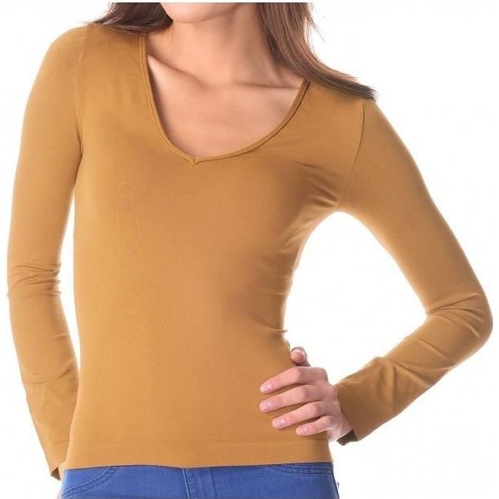 VKA25 Sous-pull Lisa manches longues col V pour femme slim fit effet thermique (Beige - M-L)