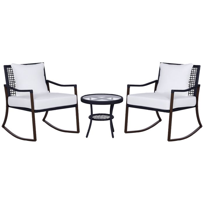 Ensemble de jardin 3 pièces style cosy 2 fauteuils à bascule avec coussins assise dossier + table basse résine tressée brun crème