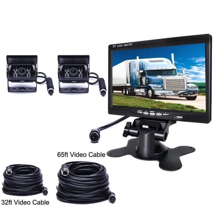 Podofo Caméra de Recul 2 x Caméras Arrière Etanche 18 IR LED Vision de Nuit + 7 Pouces Moniteur (10 m et 20m Câble Vidéo)