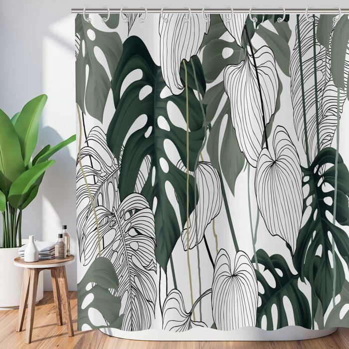 ASDCXZ Rideau de Douche Style Boho 180x180 cm, Art Abstrait Moderne Feuilles Vertes Lignes de Dentelle de Soleil Lavables en Textile Rideau Douche imperméable pour Baignoire avec 12 Crochets