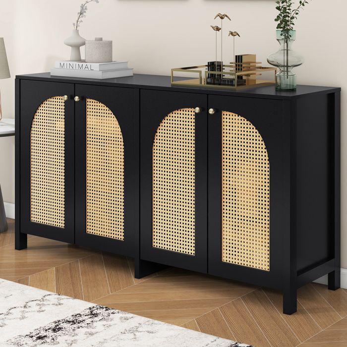 MODERNLUXE - Buffet moderne - 4 portes - avec étagères réglables - portes en rotin - MDF - Noir