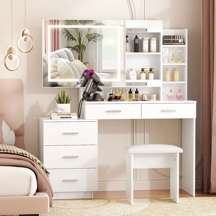 Grande Coiffeuse Coiffeuse, Grand Miroir LED à Luminosité Réglable, Tabouret Coiffeuse Avec Prise