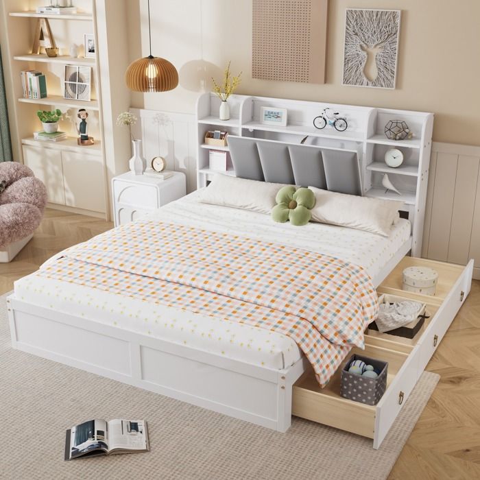 Lit double 160x200 cm avec étagères ouvertes lit 2 personnes avec trois tiroirs lit en pin à lattescadre de lit avec tête de lit