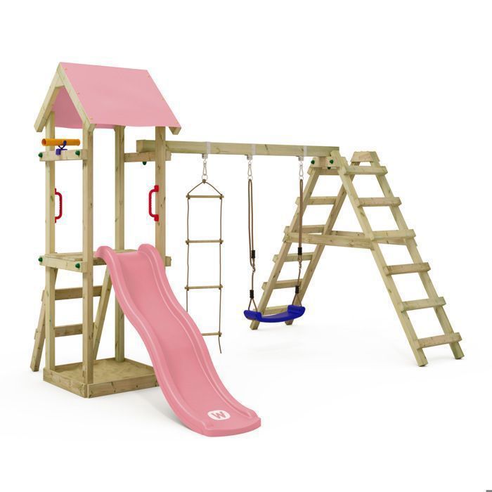 Wickey Aire De Jeux Portique Bois Freeflyer Avec Balançoire Rose Pastel Wickey Aire De Jeux Portique Bois Freeflyer Avec Balançoire Rose Pastel
