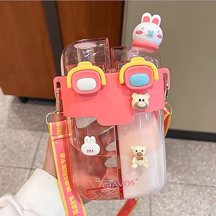 Jolie bouteille deau avec paille - Bouteille deau Kawaii pour enfants avec sangle bouteille portable en plastique (rose)