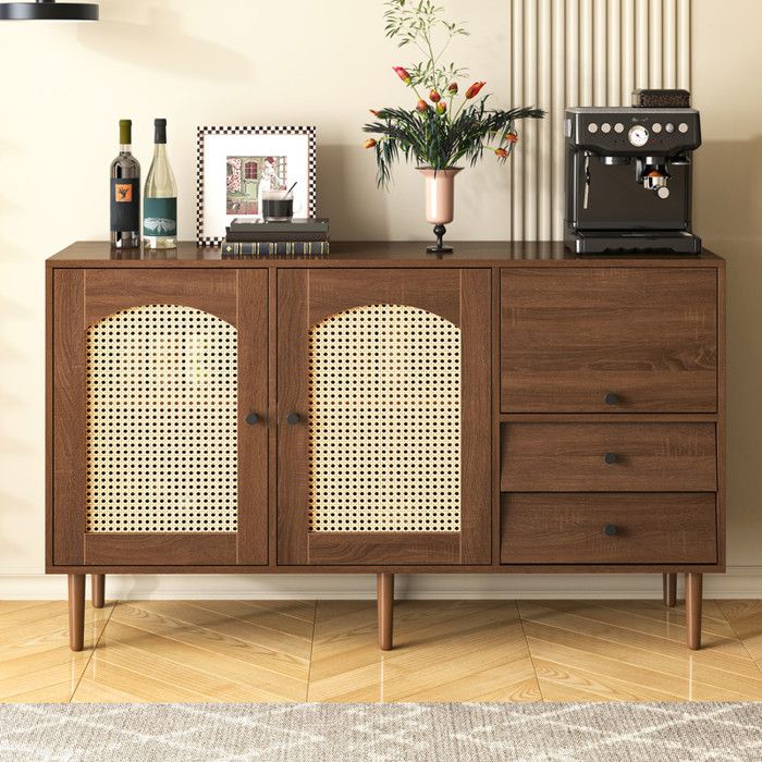 Buffet 130x75.5x40 cm avec Portes en Rotin Buffet de Cuisine avce Étagères Réglables Fermetures Magnétiques avec Poignées Noires