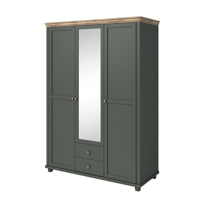 Armoire 150x220 avec 3 portes et 2 tiroirs. Coloris vert kaki et chêne. Collection ASSIA Armoire 150x220 avec 3 portes et 2 tiroirs. Coloris vert kaki et chêne. Collection ASSIA