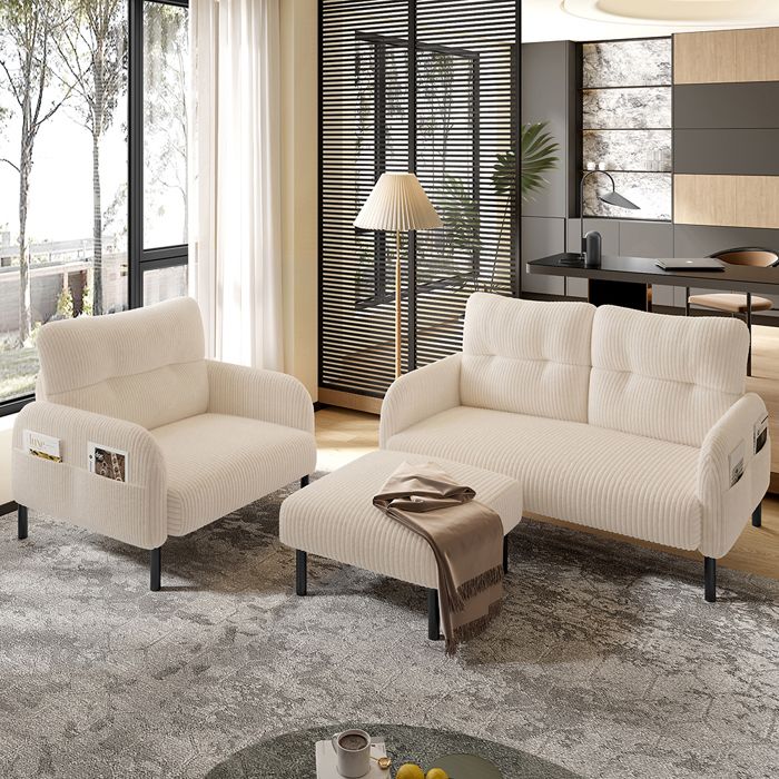 Canapé Ensemble 3 pièces en velours côtelé Beige - fauteuil + tabouret + canapé 2 places structure acier modulaire pour salon Canapé Ensemble 3 pièces en velours côtelé Beige - fauteuil + tabouret + canapé 2 places structure acier modulaire pour salon