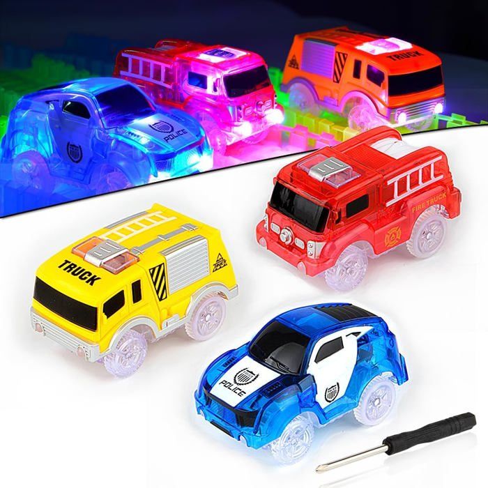 Pack De 3 Voitures De Course Avec Lumières LED Clignotantes – Voiture De Course, Police Et Pompier – Jeu Magique Dès 3 Ans