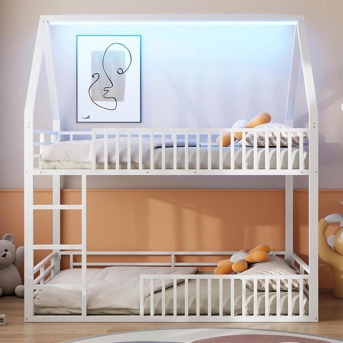 Lit superposé enfant - LEMONBEST - Lit cabane (maison) - 140 x 200 cm - Métal acier - LED 7 couleurs