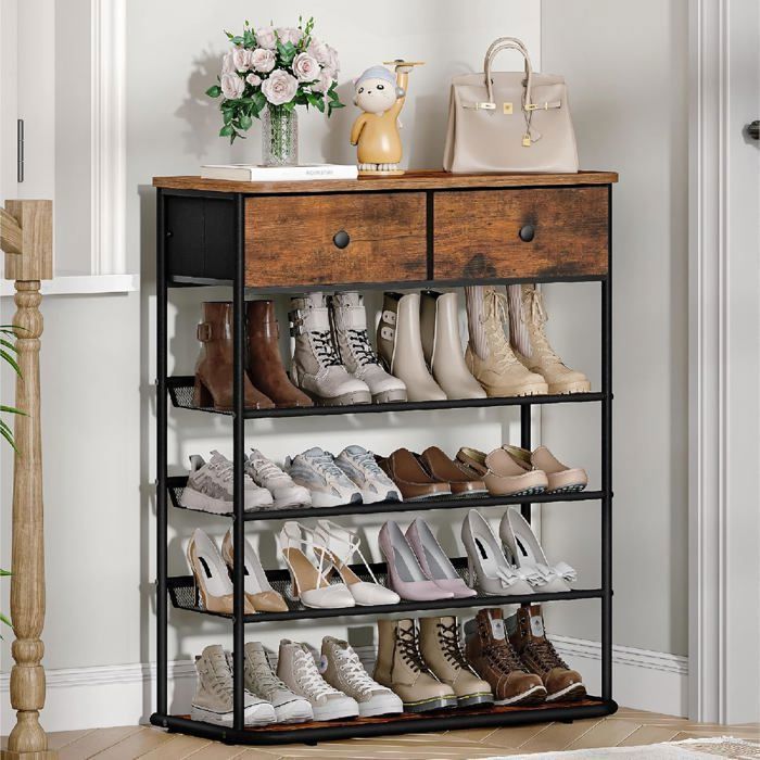 Étagère à Chaussures Porte-Chaussures à 5 Niveaux 2 Tiroirs Étagères en Maille Réglables 16-20 Paires Marron Rustique et Noir