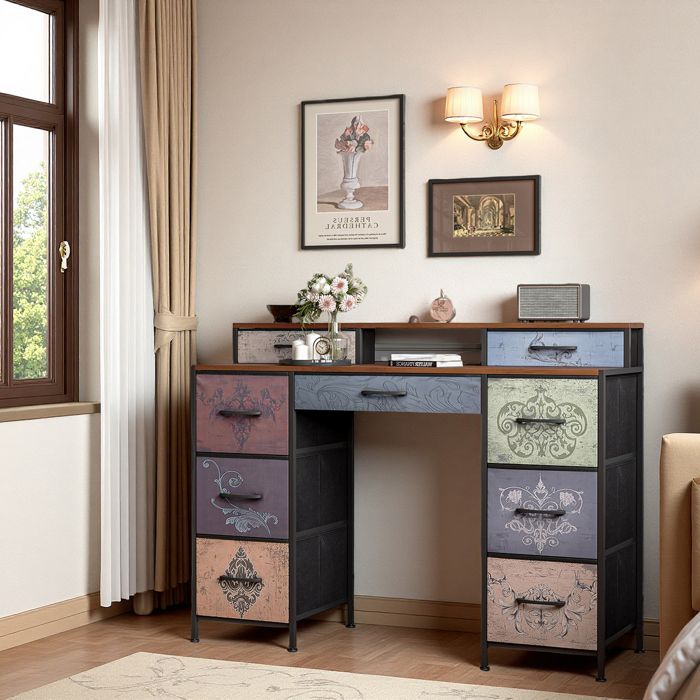 Coiffeuse Commode à Tiroirs 9 Tiroirs en Tissu Armoire de Rangement Rétro pour Chambre Structure en Métal 121x40×92 cm