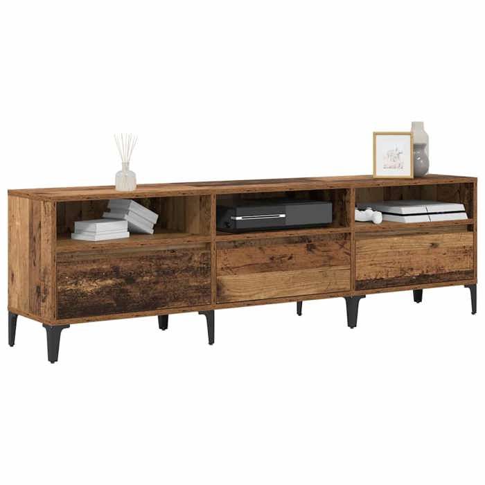 Meuble TV bois ancien - vidaXL - 150x30x45 cm - Bois dingénierie et fer - Marron - Avec tiroir - 3 étagères