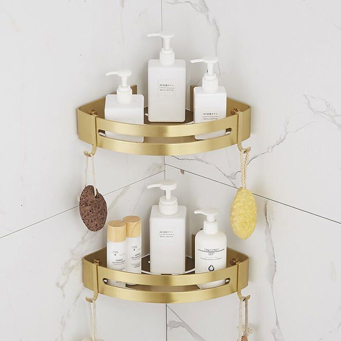 Étagère Douche Sans Perçage Etagere Angle Salle de Bain Tablette Salle de Bain Avec 4 Crochets Panier de Rangement Douche e