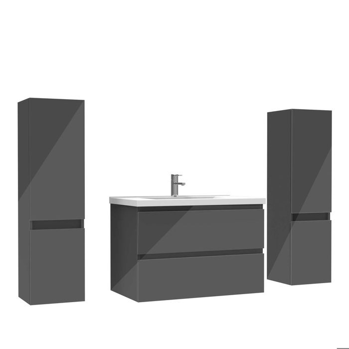 Ensemble meuble salle de bain 80 cm anthracite brillant avec 2 tiroirs à fermeture automatique lavabo céramique simple + 2 colonnes