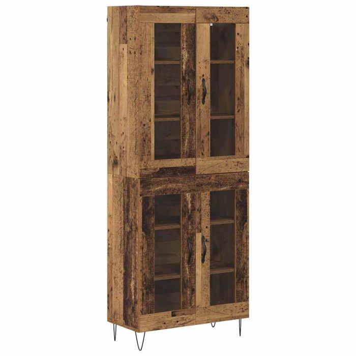 Buffet haut en bois dingénierie - vidaXL - Bois ancien - 69 5 x 34 x 180 cm - 4 portes - Pieds en fer - Portes en verre