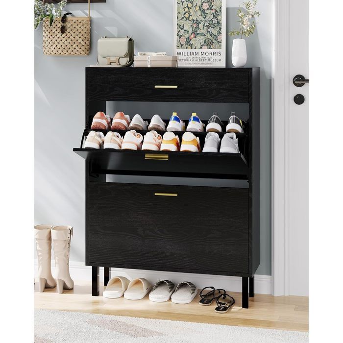 Meuble à chaussures en bois 2 compartiments basculants 1 tiroir étagères réglables 80x25x110 cm pour entrée et salon noir