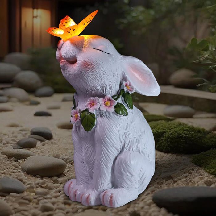 Statue solaire de jardin lapin papillon sculpture animale dextérieur avec lampe solaire figurine lumineuse parfaite cour ou balcon