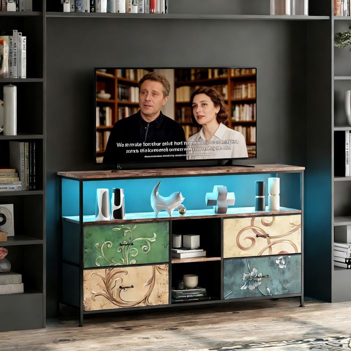Meuble TV avec éclairage LED et 4 Tiroirs Support TV Console TV Meuble Multimédia Meuble TV pour Salon Multicolore 137x 29.8x78cm