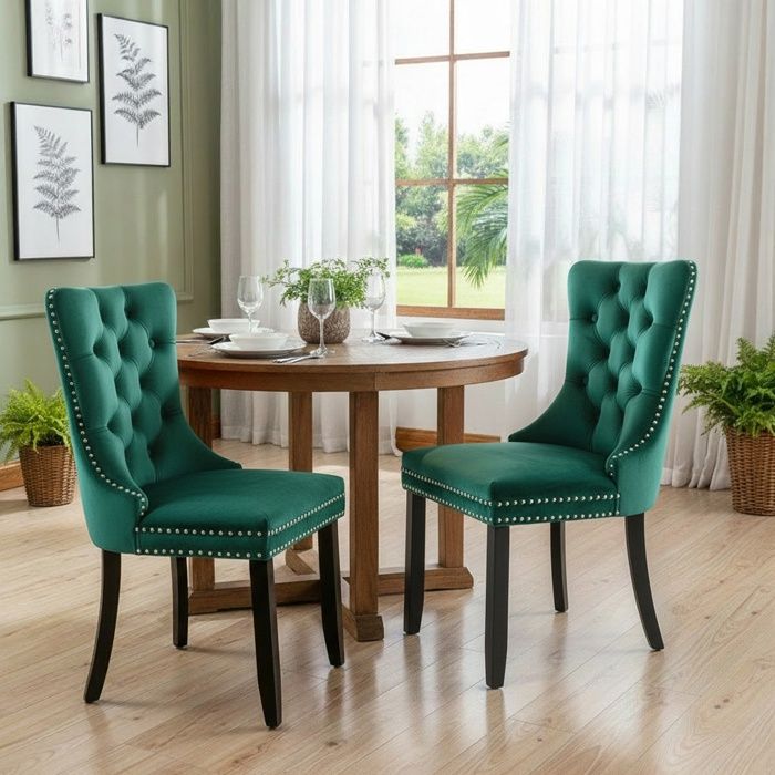 Lot de 2 Chaises de Salle à Manger Chaise de Cuisine Dossier à Ailes Pieds en bois massif Rembourrée Vert velours
