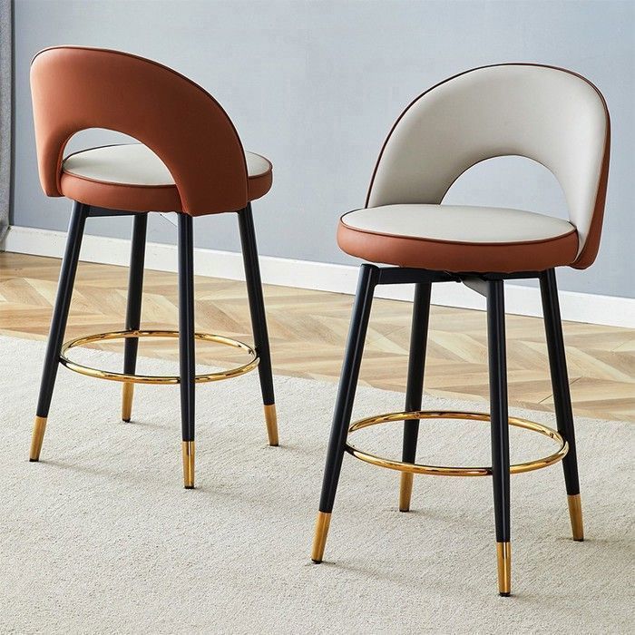 Lot de 2 tabourets de bar - LINHOO - 474 x 44 x 92 cm - PU gris clair et brun - Pivotants 360° accents dorés