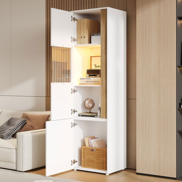 Vitrine Haute avec LED - Colonne de Rangement Moderne - 2 Portes Acrylique - Blanc et Bois Naturel - 50 x 40 x 179 cm - pour Salon Vitrine Haute avec LED - Colonne de Rangement Moderne - 2 Portes Acrylique - Blanc et Bois Naturel - 50 x 40 x 179 cm - pour Salon