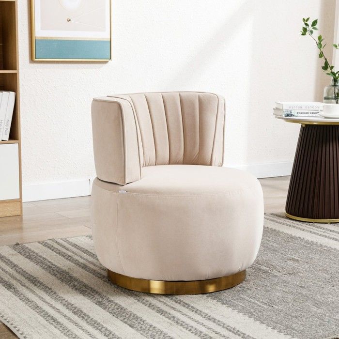 Fauteuil Pivotant 360° en Velours Beige - Chaise de Salon Design Moderne - Fauteuil Crapaud Rembourré pour Chambre et Bureau