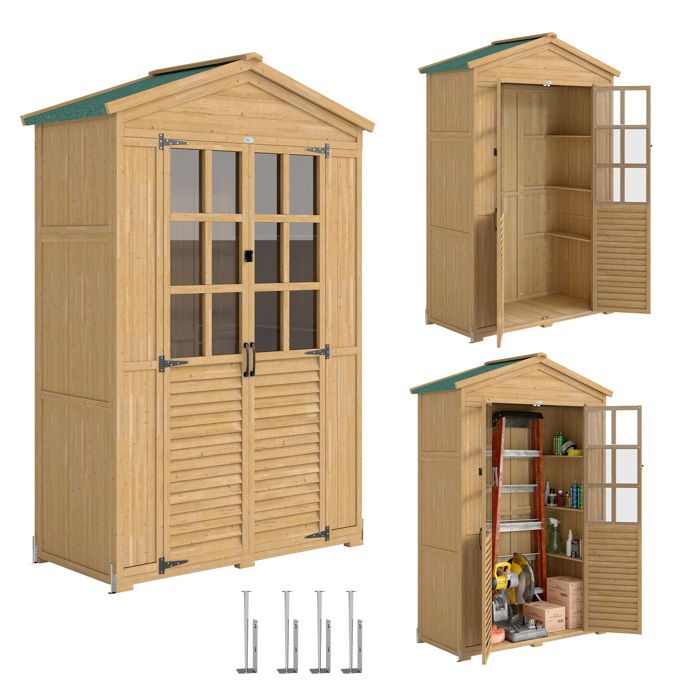 Armoire de jardin - Outsunny - avec Étagères et Fenêtres en Acrylique - toit bitumé - porte verrouillable - marron clair