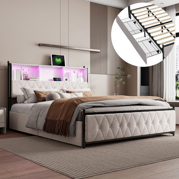 Lit double 180x200cm - ADWOLT - Lit capitonné - 4 tiroirs - LED et USB - Velours Beige