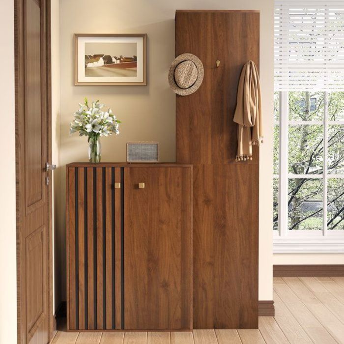 Meuble dentrée marron armoire vestiaire + armoire à chaussures tringle et patère 115x38x191cm VESTIAIRE