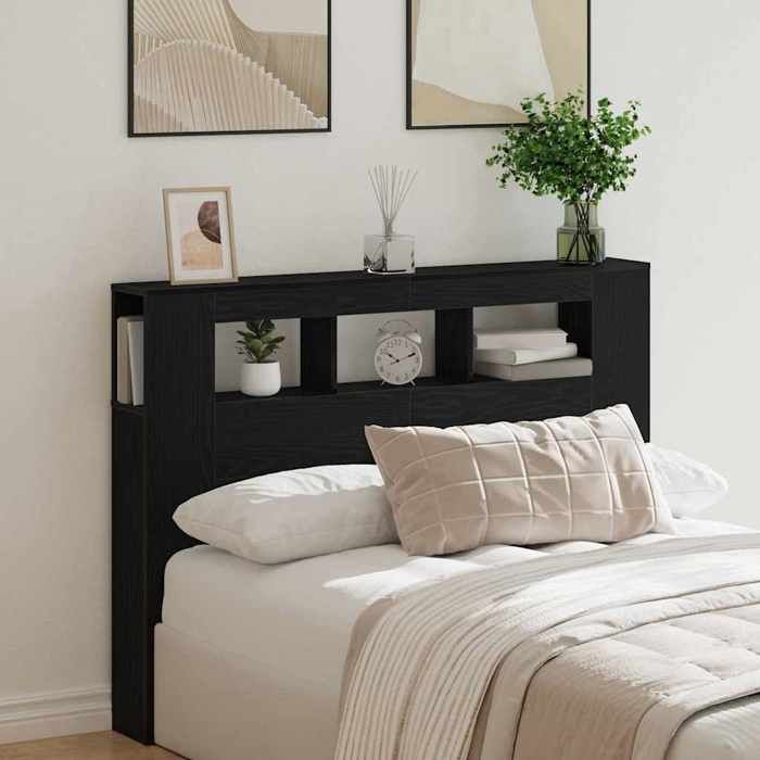 Noir Tête de lit LED avec étagère Chêne noir 140x185x1035 cm - Accessoire de lit H11767