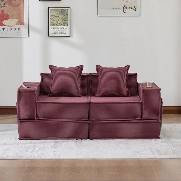 Canapé modulable 2 places rouge bordeaux 162 x 78 x 66 cm en velours côtelé avec 2 coussins