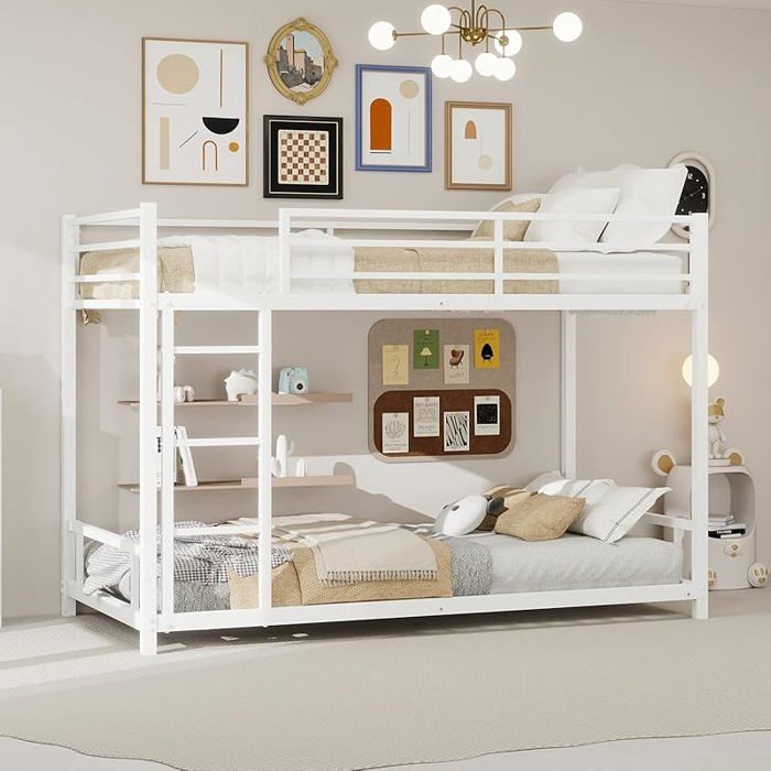 Lit Superposé 2 Places 90x190 en Métal Profil Bas 136 cm Échelle Intégrée Barrières Sécurité pour Adolescents LITS SUPERPOSES