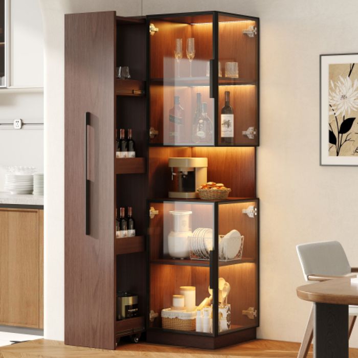 Vitrine moderne en bois noyer MDF 70×38×160cm plateau extensible double vitre LED