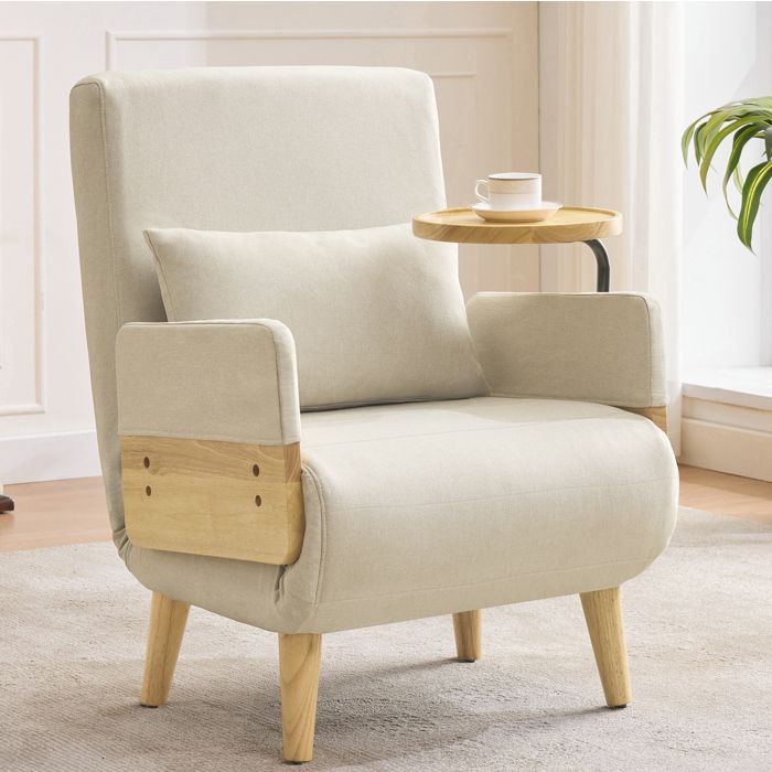 Fauteuil convertible 3-en-1 en lin beige avec tablette pivotante