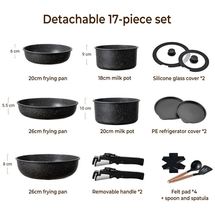 Batterie De Cuisine - 17 Pieces Induction Pans Set - couvercle - Poignée amovible -Ensemble De Casseroles -Tous Feux Dont Induction