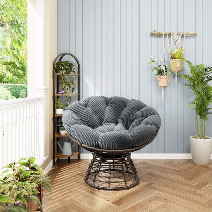 Fauteuil osier pivotant 360° confort coussin velours Gris épais intérieur extérieur salon chambre 92x92x67cm
