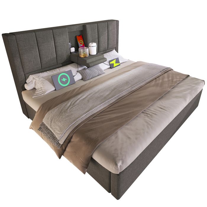 Lit double 180x200 cm gris lin avec station de charge intégrée rangement sous lit hydraulique lattenrost inclus