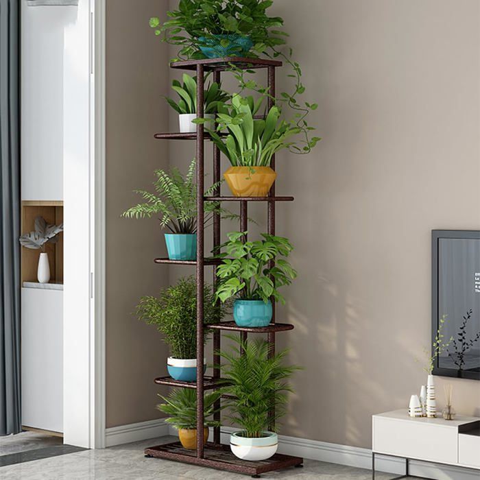 Présentoir à Plantes Intérieur/Extérieur 7 Étagère 8 Pots Support Plantes Pour Patio Jardin Salon Cuivre Doré 41x22x126 cm