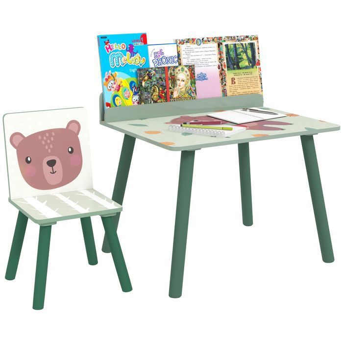 Ensemble Table et Chaise pour Enfant avec Rangement en MDF et Bois de Pin Vert ENSEMBLE TABLE ET CHAISE BEBE