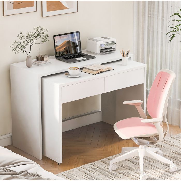 DESVIAE Bureau secrétaire 2-en-1 extensible et pliable 110 x 40 x 78 cm blanc 2 tiroirs avec roulettes