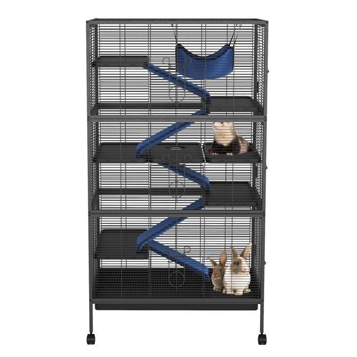 6 niveaux pour petits animaux – Cage métallique robuste sur roulettes – Rampes et hamac polaires– Pour furets chinchillas– Noir
