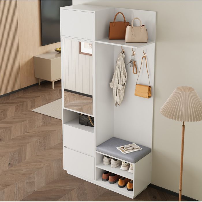 Meuble dEntrée avec 2 Portes 2 Tiroirs Patères Miroir et Banc - ELVMI - MDF Blanc pour Entrée 90×34 5×190 cm
